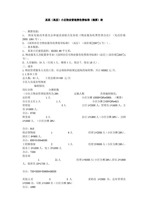 某高层小区物业管理费收费标准概算表