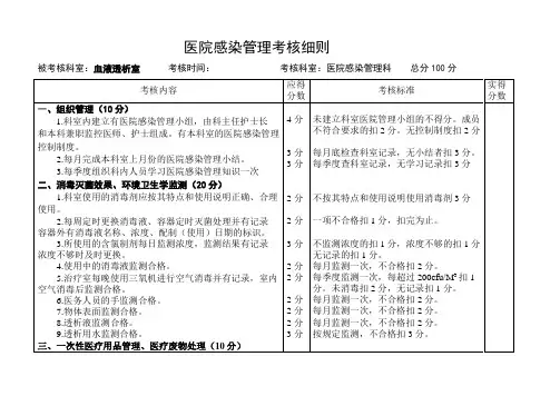医院感染管理考核细则血液透析室2016
