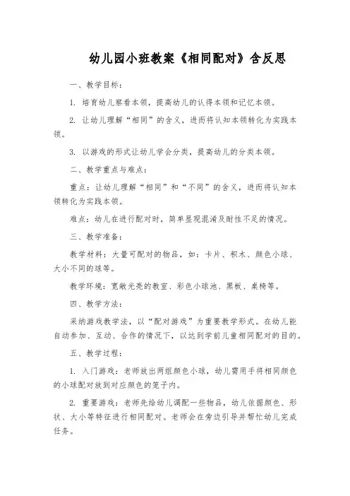 幼儿园小班教案《相同配对》含反思
