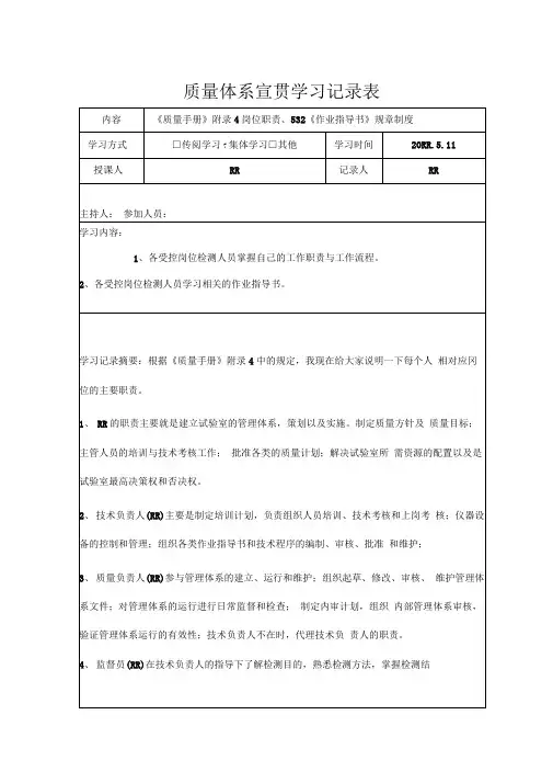 质量体系宣贯学习记录表