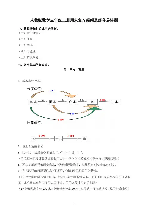 【最新】2019-2020学年人教版三年级上册数学期末复习提纲及部分易错题 5页.doc