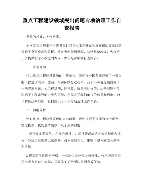 重点工程建设领域突出问题专项治理工作自查报告