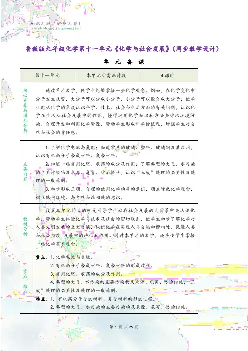 鲁教版九年级化学第十一单元《化学与社会发展》(同步教学设计)