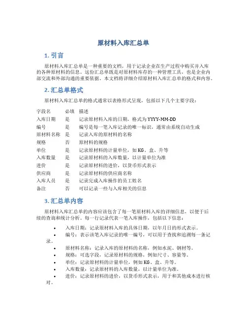 原材料入库汇总单