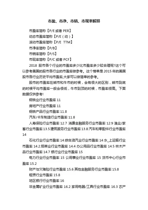 市盈、市净、市销、市现率解释
