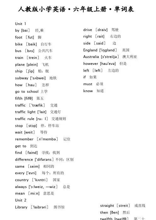 人教版小学英语六年级上册单词表(带音标)