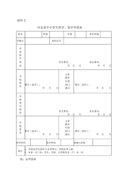 (完整版)河北省中小学转学、休学、复学、退学申请表