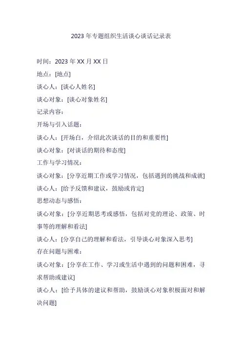 2023年专题组织生活谈心谈话记录表