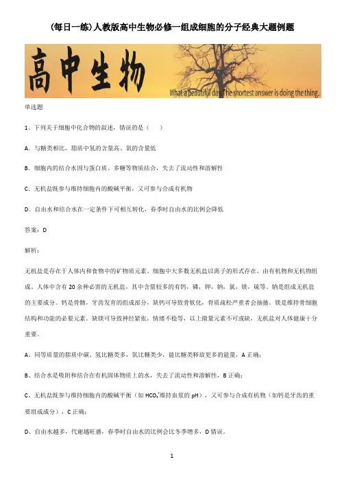 人教版高中生物必修一组成细胞的分子经典大题例题