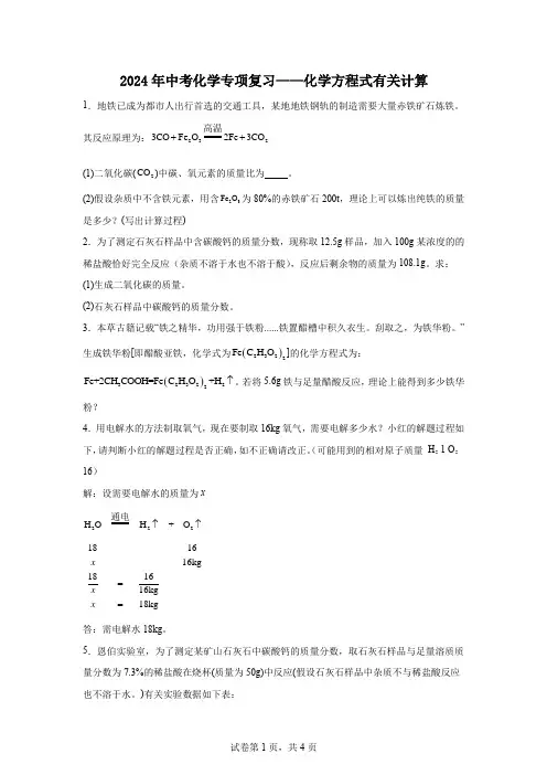 2024年中考化学专项复习——化学方程式有关计算
