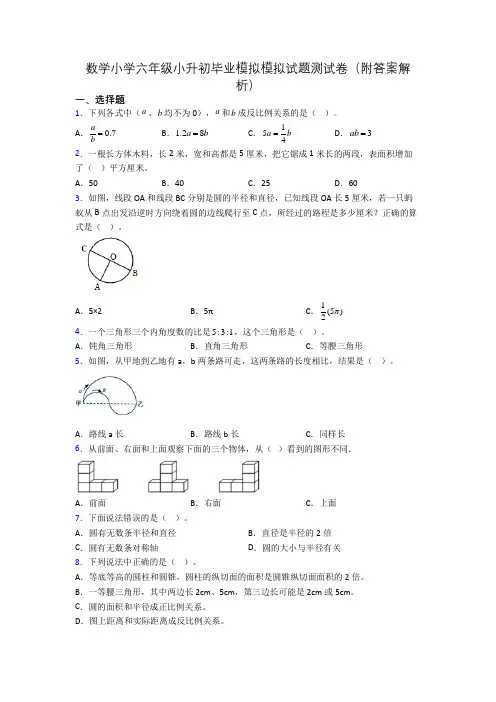 数学小学六年级小升初毕业模拟模拟试题测试卷(附答案解析)