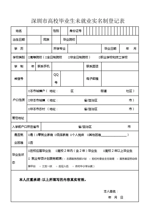 深圳市高校毕业生未就业实名制登记表