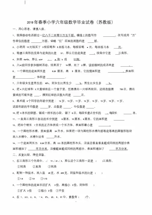 2019年小学六年级小升初数学毕业模拟试卷附参考答案文件.doc