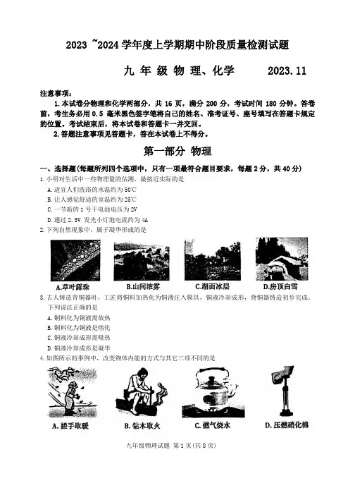 山东省临沂市兰山区2023-2024学年九年级上学期期中考试物理化学试题
