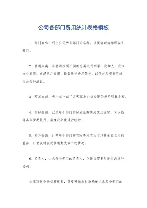 公司各部门费用统计表格模板