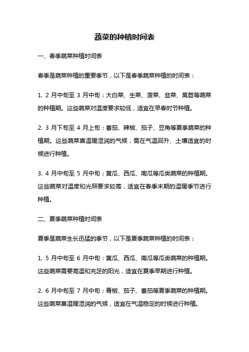 蔬菜的种植时间表