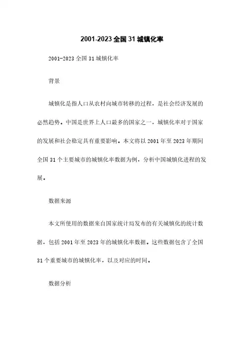 2001-2023全国31城镇化率