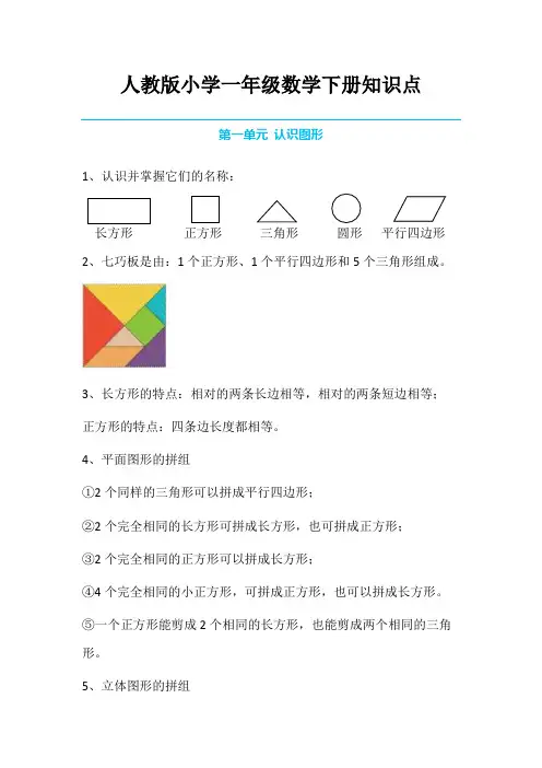 人教小学数学1下 知识要点