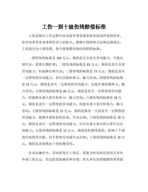 工伤一到十级伤残赔偿标准