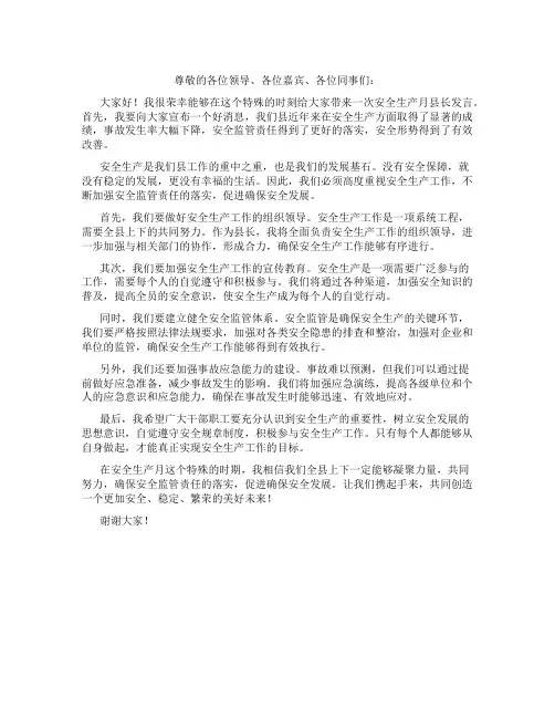 安全生产月县长发言落实安全监管责任 促进确保安全发展
