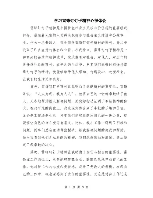 学习雷锋钉钉子精神心得体会