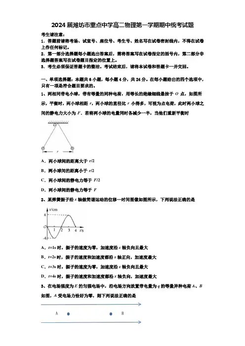2024届潍坊市重点中学高二物理第一学期期中统考试题含解析