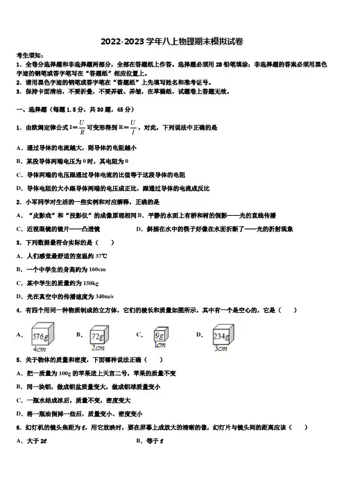 2022-2023学年山东省济南市市中学区五校联考物理八年级上册期末考试试题含解析
