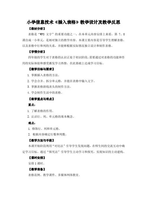 小学信息技术《插入表格》教学设计及教学反思