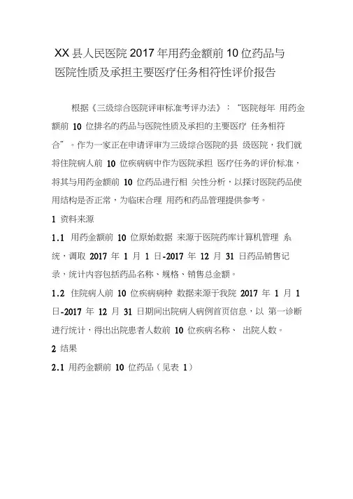 金额排名前10药品与医院性质及承担主要医疗任务相符性