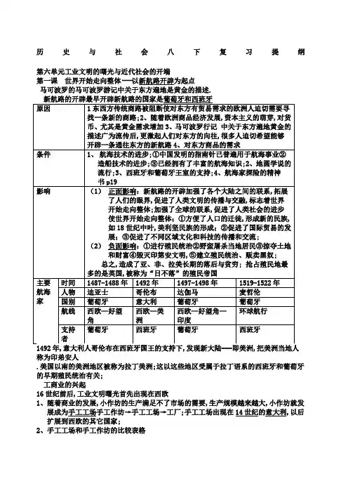 八下 历史与社会 浙教版 复习提纲