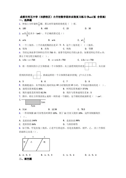 成都市列五中学(双桥校区)小升初数学期末试卷复习练习(Word版 含答案)