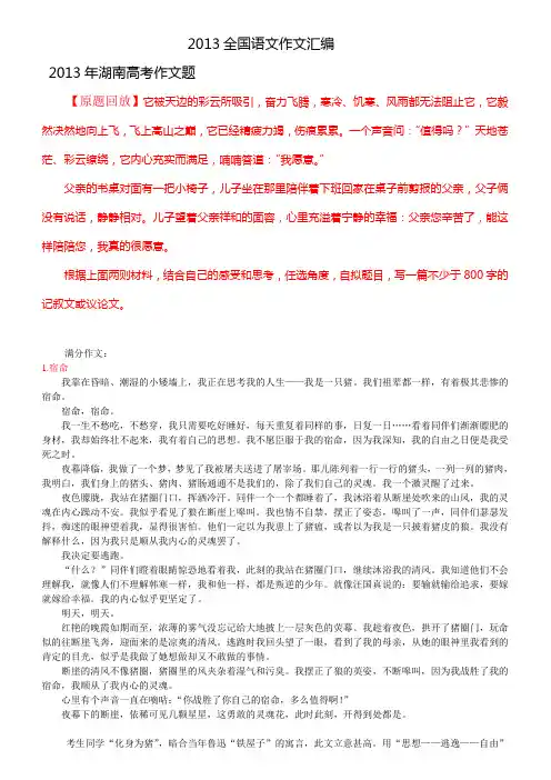 2013年全国高考满分作文汇编