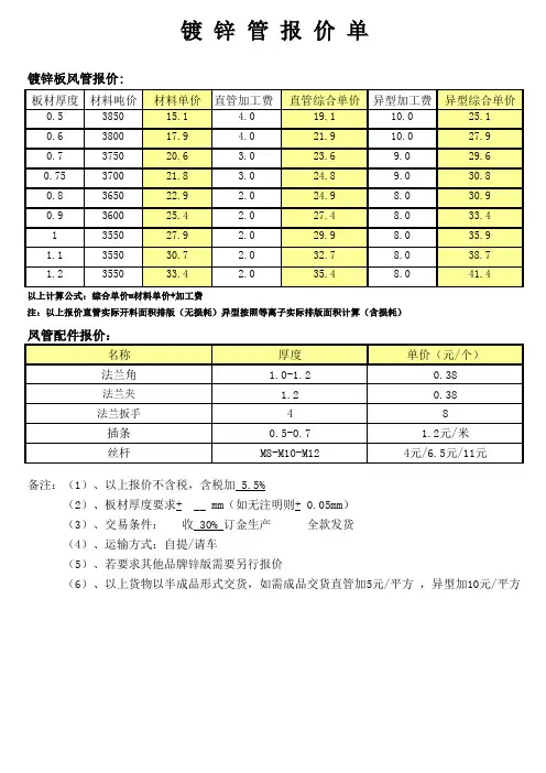 镀锌风管报价单