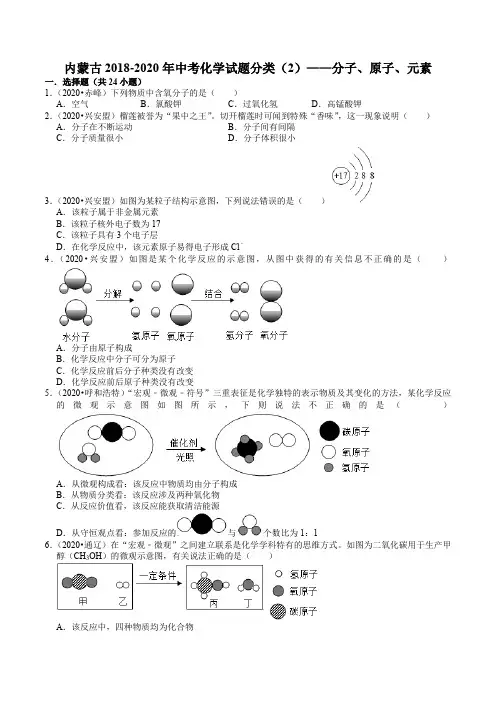 2022年中考化学试题分类《分子、原子、元素(含解析)》中考复习专练