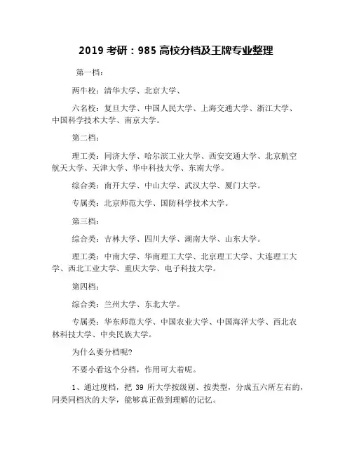 2019考研：985高校分档及王牌专业整理