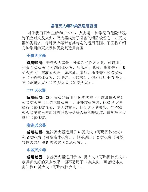 常用灭火器种类及适用范围