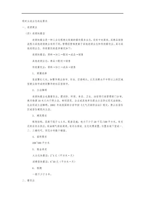 现时主流业态选址要求