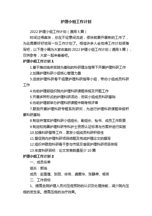 2022护理小组工作计划（通用5篇）