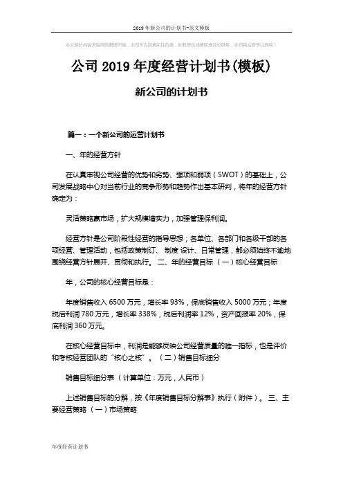 公司2019年度经营计划书(模板)