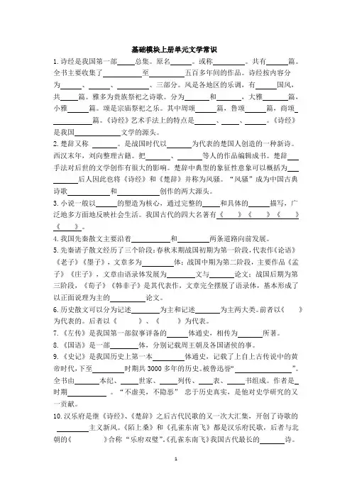 职业中专高教版语文  上册、下册、拓展模块三册文学常识汇总