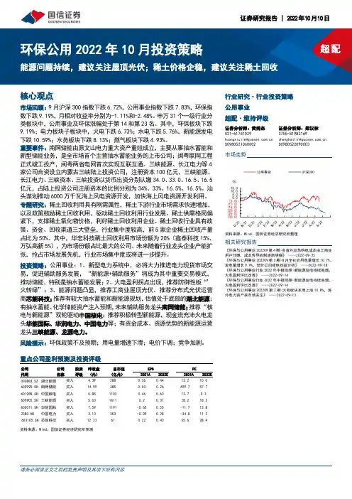 环保公用2022年10月投资策略：能源问题持续，建议关注屋顶光伏；稀土价格企稳，建议关注稀土回收
