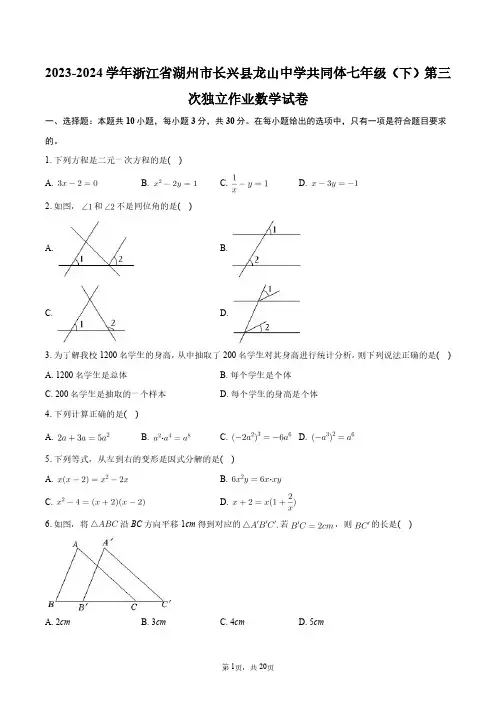 2023-2024学年浙江省湖州市长兴县龙山中学共同体七年级(下)第三次独立作业数学试卷+答案解析