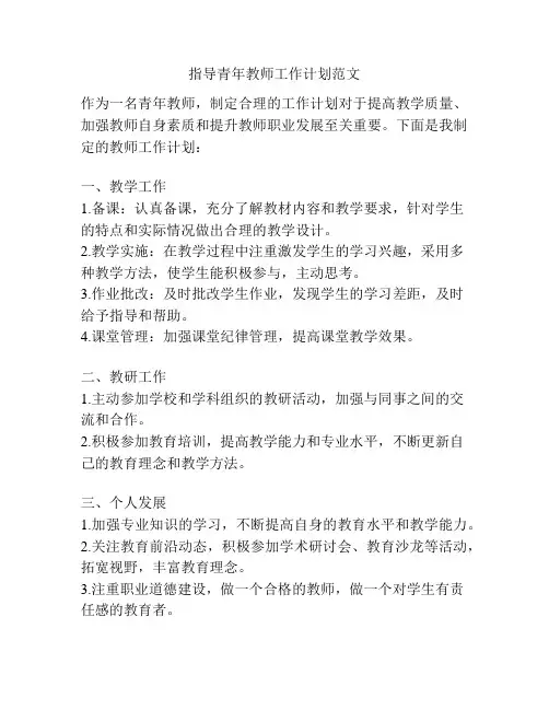 指导青年教师工作计划范文