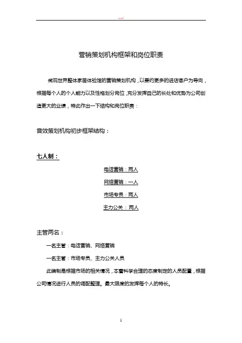 营销策划机构组织架构和岗位职责