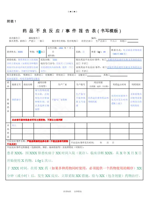 药品不良反应报告表(模版)