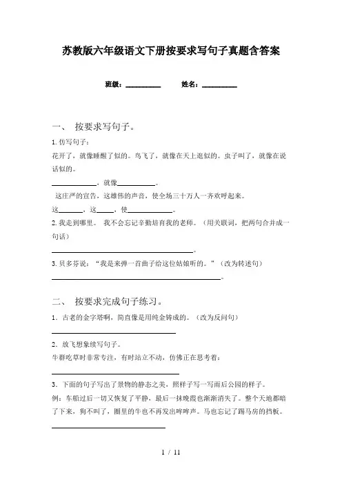 苏教版六年级语文下册按要求写句子真题含答案