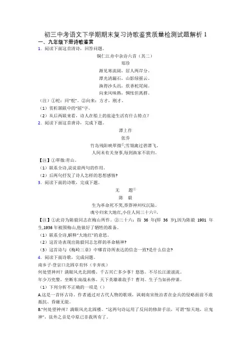 初三中考语文下学期期末复习诗歌鉴赏质量检测试题解析1