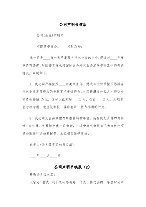 公司声明书模版（2篇）