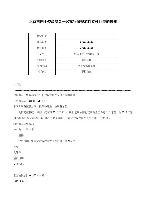 北京市国土资源局关于公布行政规范性文件目录的通知-京国土法[2013]551号