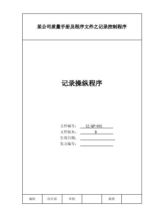 某公司质量手册及程序文件之记录控制程序